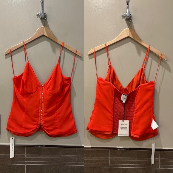 Reformation Lumi Silk Charmeuse V-Neck Sleeveless Camisole Top (Red Coral) - Picture 10 of 16